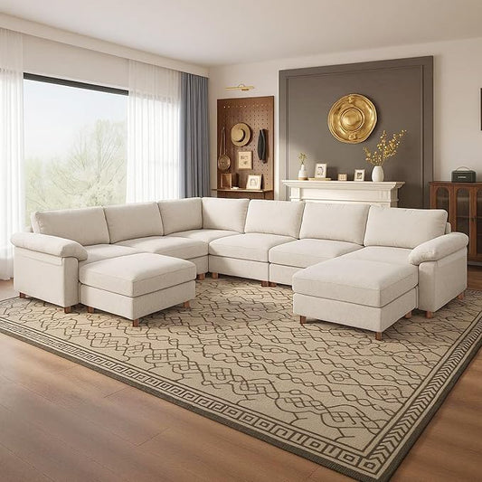 Oversized Modular Cloud Couch with Removable Washable Cover, U-Shaped Sectional for Large Living Room, Plush Chenille & Deep Seat Beige