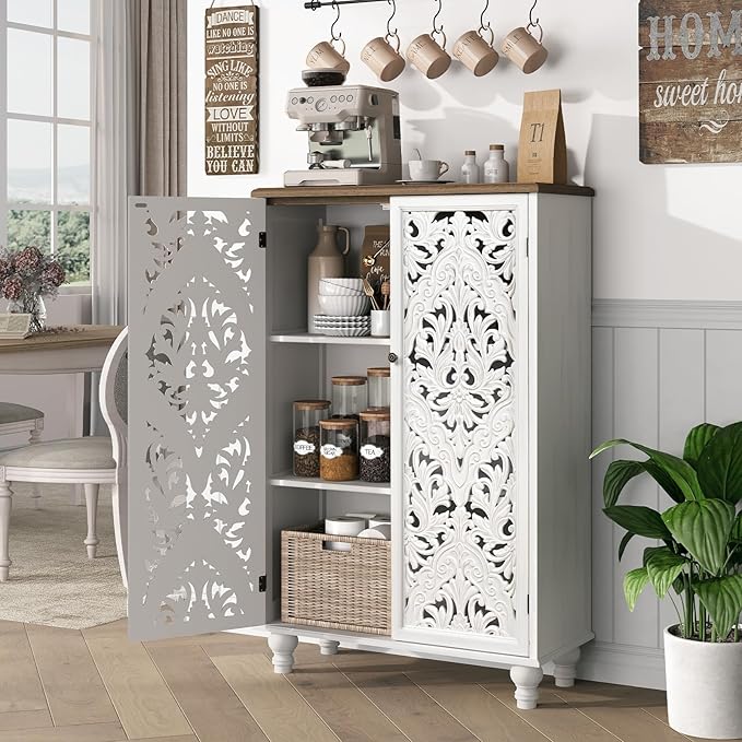 JOINICE 47" Accent Storage Cabinet with Carved Doors,White Buffet Cabinet with Solid Wood Legs & 100lbs Capacity, Farmhouse/Rustic/Boho Style for Living Room, Dining Room, Bedroom, Hallway, Study
