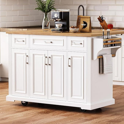 Large Kitchen Island with Rubber Wood Drop Leaf, Rolling Kitchen Cart with Ample Storage on Wheels with Doors and Drawers, Embossed Texture for Dining Room (54Inch, White, Silver Handle)