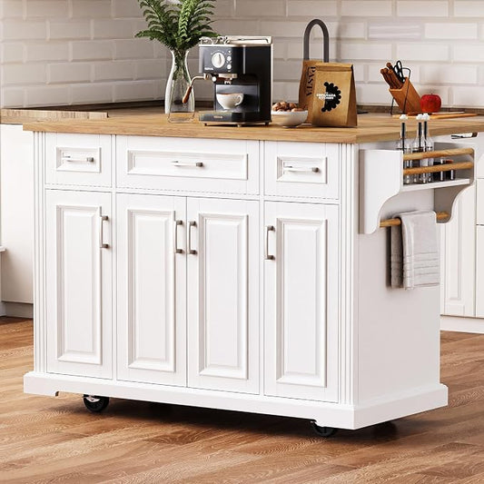 Large Kitchen Island with Rubber Wood Drop Leaf, Rolling Kitchen Cart with Ample Storage on Wheels with Doors and Drawers, Embossed Texture for Dining Room (54Inch, White, Silver Handle)