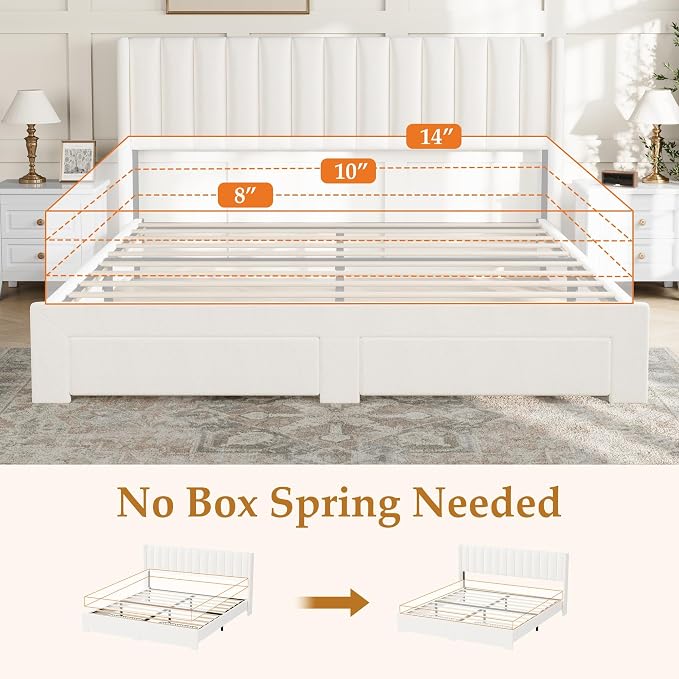 GAOMON King Size Velvet Upholstered Platform Bed with Storage Drawers, Wingback Headboard, No Box Spring Needed, Cream White