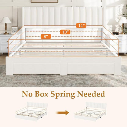 GAOMON King Size Velvet Upholstered Platform Bed with Storage Drawers, Wingback Headboard, No Box Spring Needed, Cream White