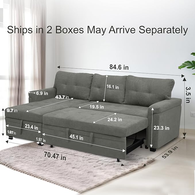 Naomi Home 84" L-Shaped Sectional Sleeper Sofa with Pull Out Bed | Sleeps Guests Comfortably, Stores Essentials in Chaise & Saves Space, Velvet, Gray Convertible Sofa Bed
