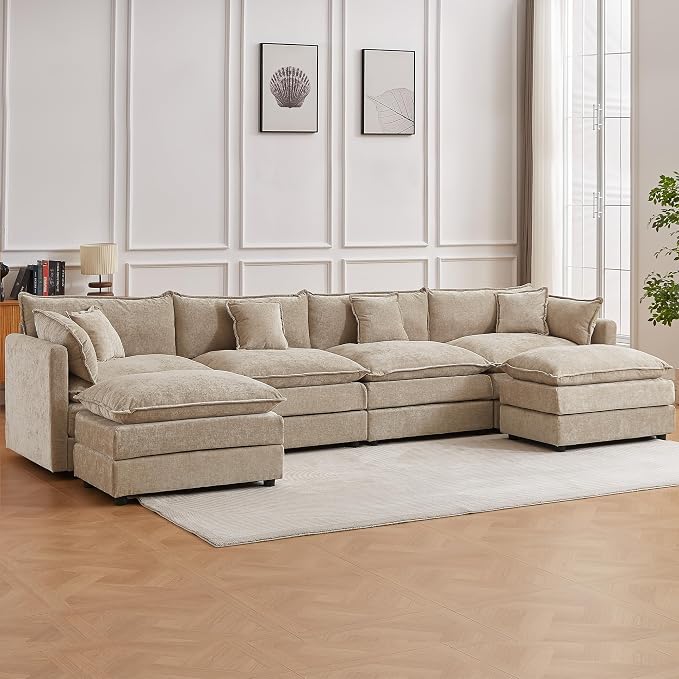 Modular Sectional Sofa, 147.2 Inch U Shaped Couch Set with Armrests, 4-Seater Comfy Cloud Couches with Movable Ottoman for Living Room Apartment, Coffee