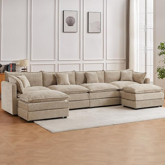 Modular Sectional Sofa, 147.2 Inch U Shaped Couch Set with Armrests, 4-Seater Comfy Cloud Couches with Movable Ottoman for Living Room Apartment, Coffee