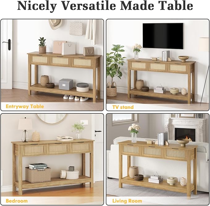Luoxiao Rattan Console Table 3-Drawer 47" Narrow Wood Entryway Sofa Table | Trendy Boho Hallway Foyer Storage, Open Shelf, Sturdy Entry Table for Living Room, Couch, Easy Assembly, Anti-Tip, Natural