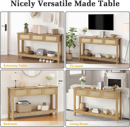 Luoxiao Rattan Console Table 3-Drawer 47" Narrow Wood Entryway Sofa Table | Trendy Boho Hallway Foyer Storage, Open Shelf, Sturdy Entry Table for Living Room, Couch, Easy Assembly, Anti-Tip, Natural