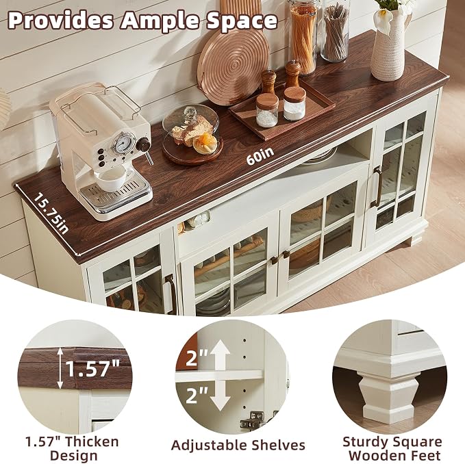 SAVOR LIFE Large Sideboard Buffet Cabinet with Storage,Vintage White Farmhouse 60" Wide Sideboard Cabinets with Glass Doors & Wood Legs,Kitchen Coffee Bar Credenza for Dining Room, Living Room