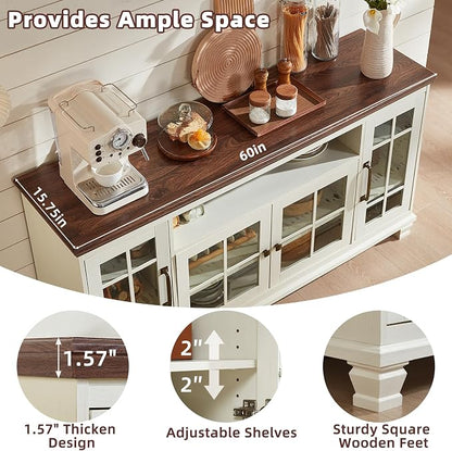 SAVOR LIFE Large Sideboard Buffet Cabinet with Storage,Vintage White Farmhouse 60" Wide Sideboard Cabinets with Glass Doors & Wood Legs,Kitchen Coffee Bar Credenza for Dining Room, Living Room