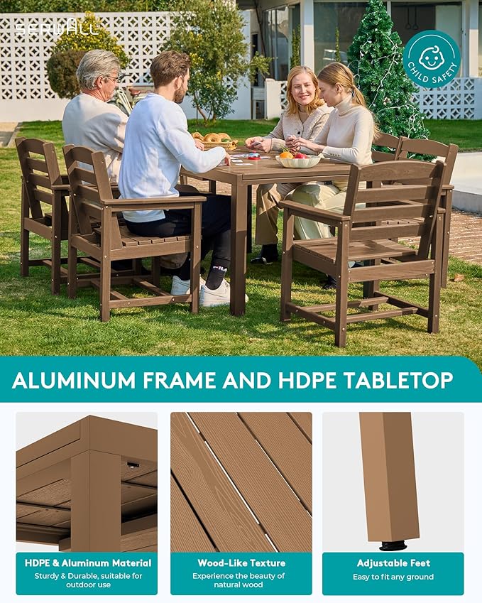 SERWALL 10-Piece Patio Dining Sets with 15FT Patio Umbrella, Brown | 60" - 83" Expandable Outdoor Dining Table and 8 HDPE Chairs, All Weather HDPE Outdoor Furniture Set