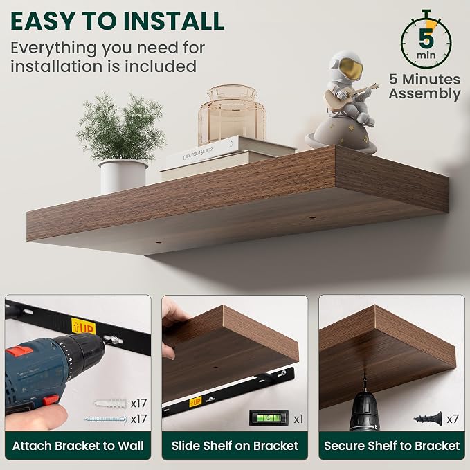 Floating Shelves for Wall, 72 Inch x 8 Inch Deep Wall Mounted Wood Shelf with Invisible Brackets for Storage & Display, Living Room Bedroom Kitchen, Walnut, Set of 2