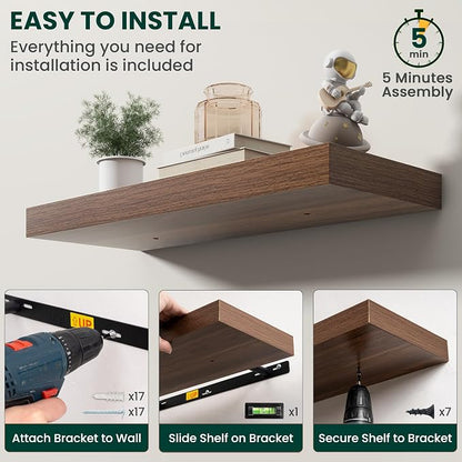 Floating Shelves for Wall, 72 Inch x 8 Inch Deep Wall Mounted Wood Shelf with Invisible Brackets for Storage & Display, Living Room Bedroom Kitchen, Walnut, Set of 2