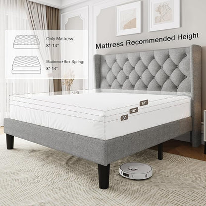 Einhomn Full Size Platform Bed Frame with Fabric Upholstered Wingback Headboard, 9" Under Bed Space, Wooden & Metal Slats Support, No Box Spring Needed, Light Gray
