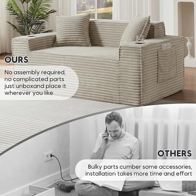Boneless Sectional Sofa Couch with Cup Holders & Side Pockets, Modern Corduroy Fabric Deep Seat Loveseat Cloud Couch for Living Room Office, No Assembly (Camel)