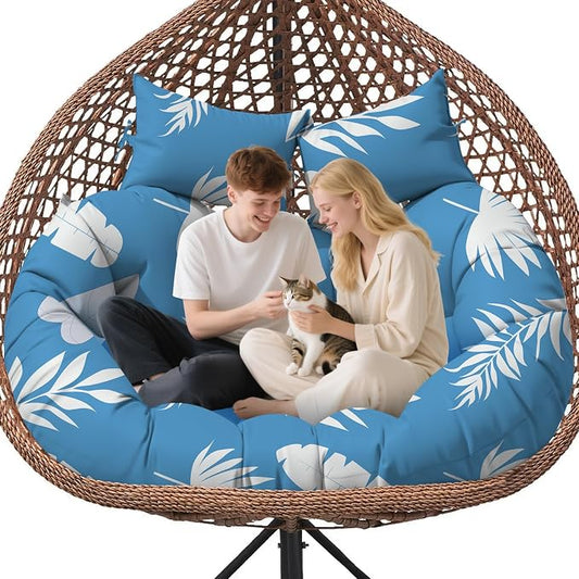 Double Egg Chair Cushion Replacement Waterproof for Outdoor Patio Hanging Basket Large Egg Chairs, 59x43-Inch Thickened 100% Cotton Double Eggs Swing Chair Cushions, Blue Leaf