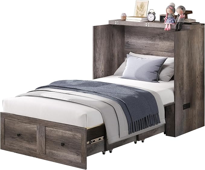 LUXOAK Twin Murphy Bed with Built-in Charging Station and Storage Drawer, Farmhouse Foldable Cabinet Bed for Guest Room, Apartment or Home Office, Rustic Grey