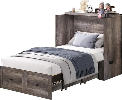 LUXOAK Twin Murphy Bed with Built-in Charging Station and Storage Drawer, Farmhouse Foldable Cabinet Bed for Guest Room, Apartment or Home Office, Rustic Grey