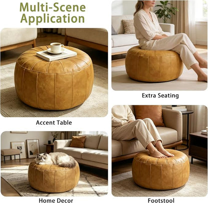 Thgonwid Unstuffed Moroccan Storage Pouf Foot Stool Ottoman Seat Handmade Faux Leather Bean Bag Floor Chair Foot Rest for Living Room, Bedroom or Balcony (Yellow)