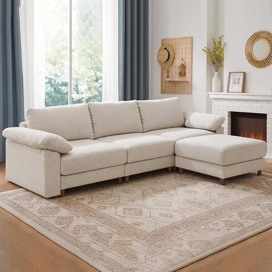 Oversized Modular Cloud Couch with Removable Washable Cover, L -Shaped Sectional for Large Living Room, Plush Chenille & Deep Seat（Beige）
