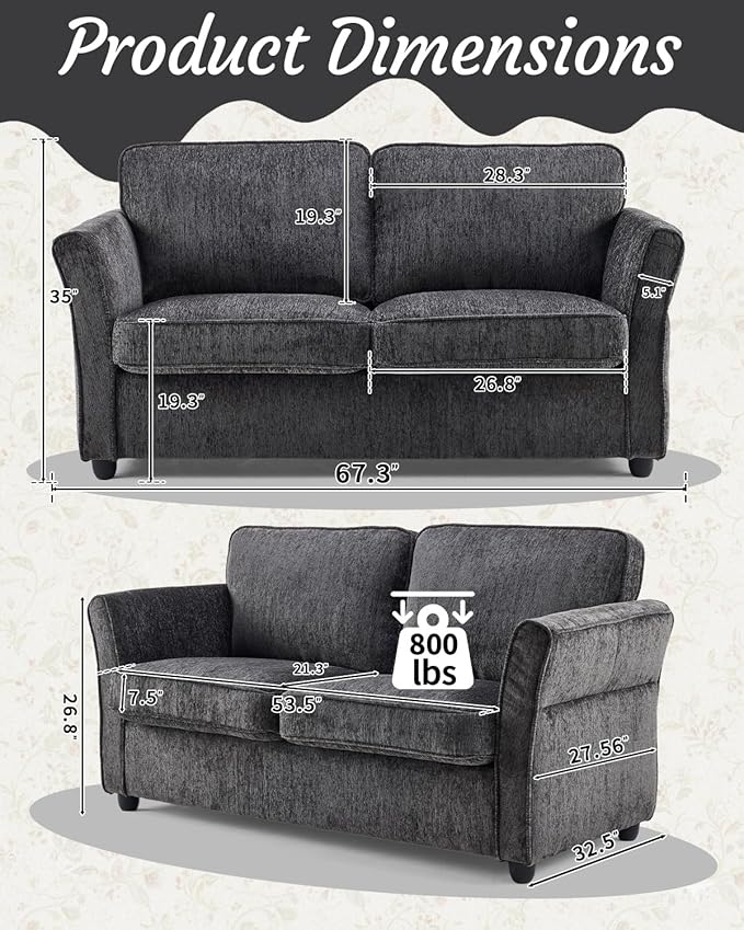 Karl home 67" Loveseat Sofa, Chenille Fabric, Grey | Removable Covers, Outward Arms, Spring Cushion & Solid Wood Frame, Deep Seat for Living Room, Bedroom, Apartment