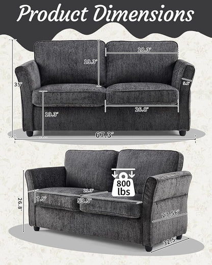 Karl home 67" Loveseat Sofa, Chenille Fabric, Grey | Removable Covers, Outward Arms, Spring Cushion & Solid Wood Frame, Deep Seat for Living Room, Bedroom, Apartment