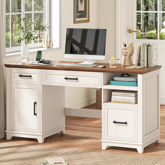 Vabches 55" Farmhouse Executive Desk with 3 Drawers & Storage Cabinet, Wooden Computer Desk, Home Office Desk with File Drawer (Fits A4 Size) for Work and Study, Rustic White and Brown
