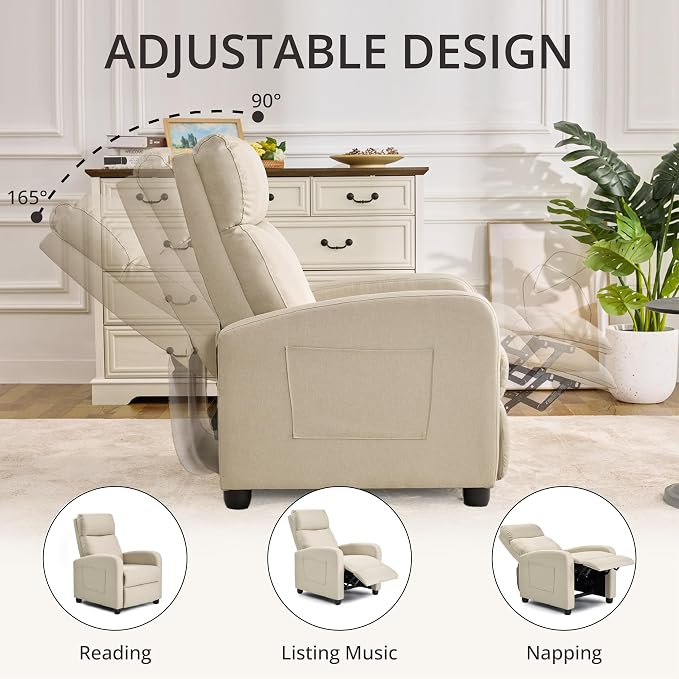 Recliner Chair for Living Room, Modern Adjustable Home Theater Seating Single Sofa Manual Push Back Armchair with Soft Linen Upholstery & High Backrest for Small Spaces, Linen-Cream