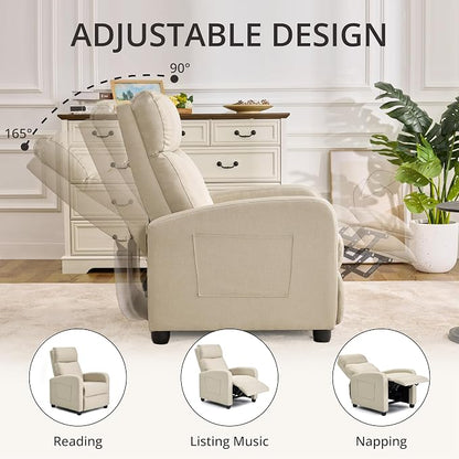 Recliner Chair for Living Room, Modern Adjustable Home Theater Seating Single Sofa Manual Push Back Armchair with Soft Linen Upholstery & High Backrest for Small Spaces, Linen-Cream
