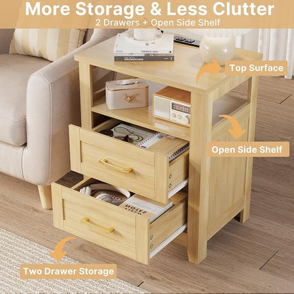 Decofy Farmhouse Nightstand with Charging Station, Modern End Tables with 2 Drawers & Open Shelf, Outlets, USB Ports and Type-C Ports, Wood Rustic Nightstands for Bedroom (2 Pack, Oak)
