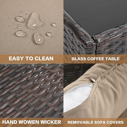 MOCHITO 7 Pieces Outdoor Patio Furniture Sets, All-Weather Sectional Sofa Dark Brown PE Rattan Wicker Conversation Set with Glass Table and Washable Khaki Cushions for Backyard,Sunroom,Garden