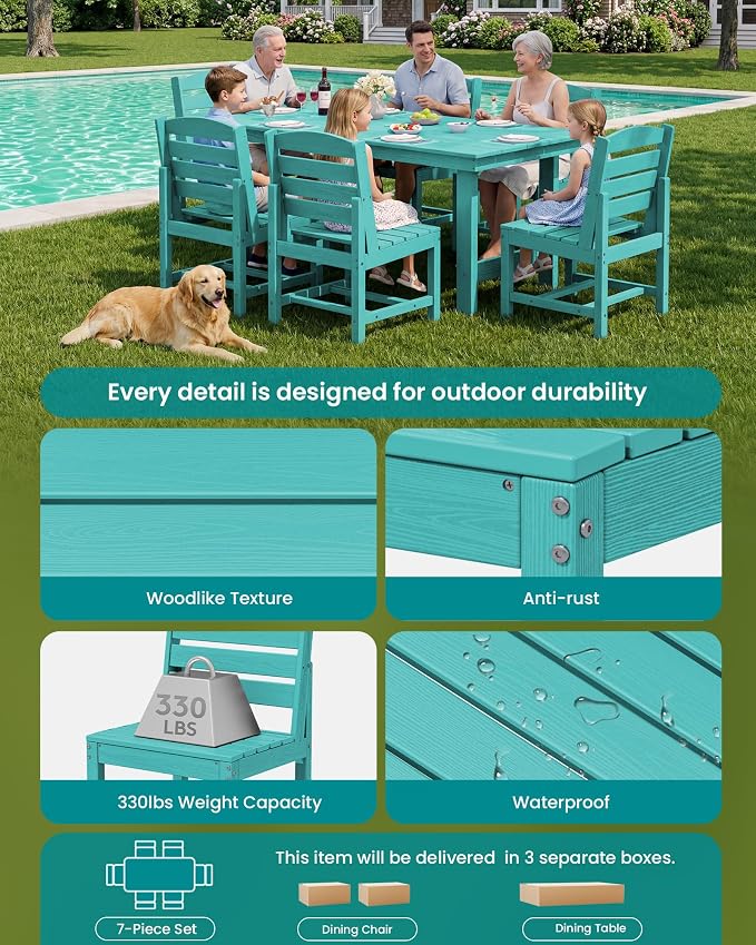 SERWALL Outdoor Dining Sets for 6, HDPE Dining Set with 6 Armless Chairs, Aruba