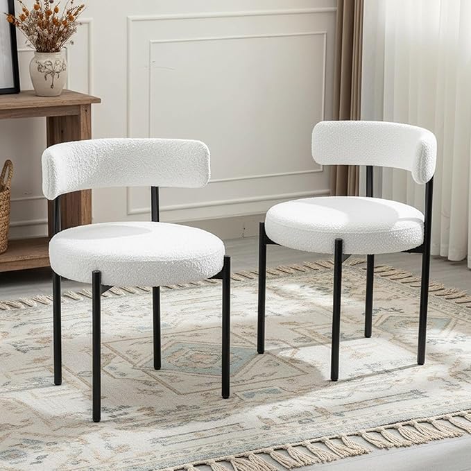 Boucle Dining Chairs Set of 2, White Dining Chairs with Upholstered Seat and Round Back, Mid-Century Modern Kitchen Chairs for Dining Room, Restaurant