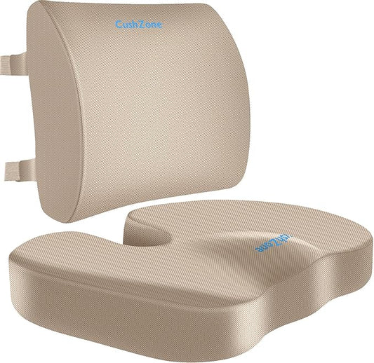 CushZone Ergonomic Seat Cushion & Lumbar Support Pillow - Memory Foam for Sciatica Pain Relief & Posture Correction, Non-Slip Chair Cushions for Office Chair/Car/Wheelchair/Travel, Khaki X-Large