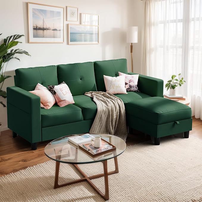 Shintenchi 76" Modern Upholstered Sectional Sofa Couch,L-Shaped Convertible Sofa with Storage Ottoman,Comfy Couches with Side Storage Pockets for Living Room,Green Linen Fabric