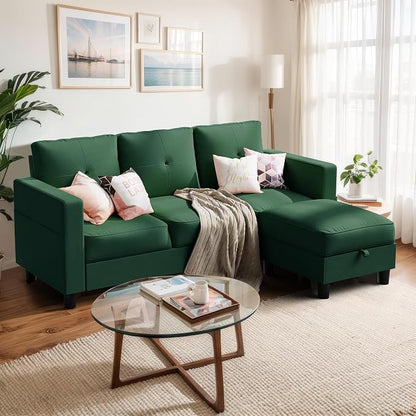 Shintenchi 76" Modern Upholstered Sectional Sofa Couch,L-Shaped Convertible Sofa with Storage Ottoman,Comfy Couches with Side Storage Pockets for Living Room,Green Linen Fabric