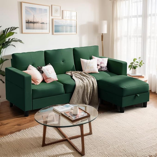 Shintenchi 76" Modern Upholstered Sectional Sofa Couch,L-Shaped Convertible Sofa with Storage Ottoman,Comfy Couches with Side Storage Pockets for Living Room,Green Linen Fabric