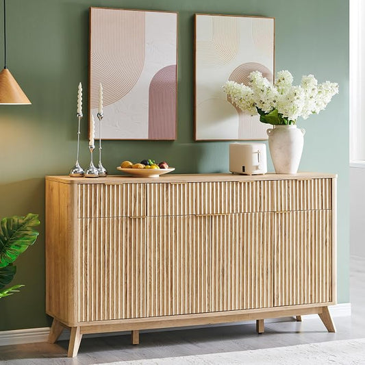 T4TREAM 60 Inch Fluted Buffet Sideboard Cabinet, Natural Oak | Modern Coffee Bar Storage Cabinet With 3 Drawers, for Dining Room, Living Room, Hallway, Oak Wood Grain, Adjustable shelves