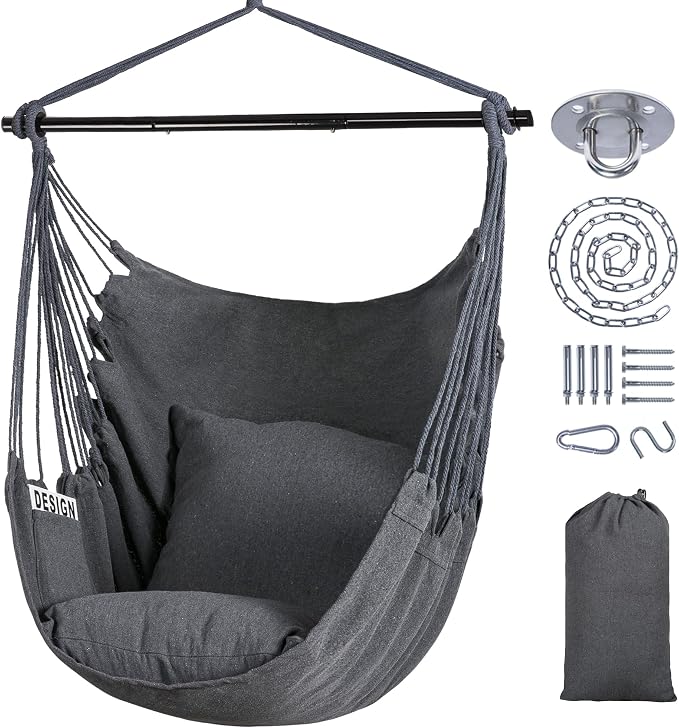 SUNCREAT Hammock Chair Swing with Steel Support Bar, Side Pocket, Large Hanging Chair Outdoor, Max 450lbs Capacity, Dark Gray
