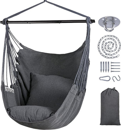 SUNCREAT Hammock Chair Swing with Steel Support Bar, Side Pocket, Large Hanging Chair Outdoor, Max 450lbs Capacity, Dark Gray