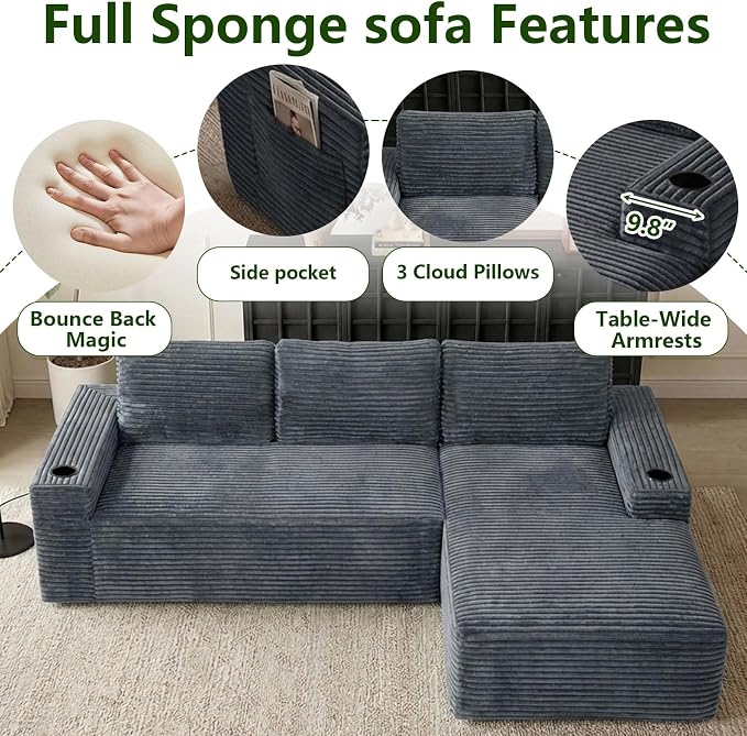 104.3" Modular Sectional Sofa,Modern Corduroy Cloud Couch with Cup Holder & Side Pockets,Boneless Couch Upholstered 4-Seater L-Shaped Sofa for Living Room,No Assembly (Dark Grey, Right-Facing Chaise)