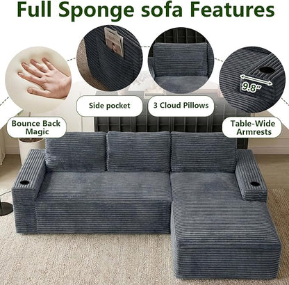 104.3" Modular Sectional Sofa,Modern Corduroy Cloud Couch with Cup Holder & Side Pockets,Boneless Couch Upholstered 4-Seater L-Shaped Sofa for Living Room,No Assembly (Dark Grey, Right-Facing Chaise)