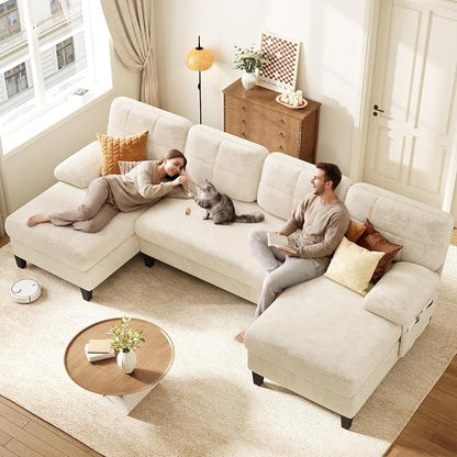 KKL U-Shaped Sectional Couch for Living Room | 112" Sectional Sofa with Double Chaise, Modern Sofa Deep Seat Couches for Living Room, Apartment, Office, Beige