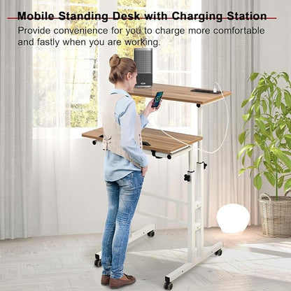 Hadulcet Mobile Standing Desk with Charging Station, Adjustable Standing Computer Desk, Standing Adjustable Laptop Cart with Wheels for Home Office Classroom Vintage Oak