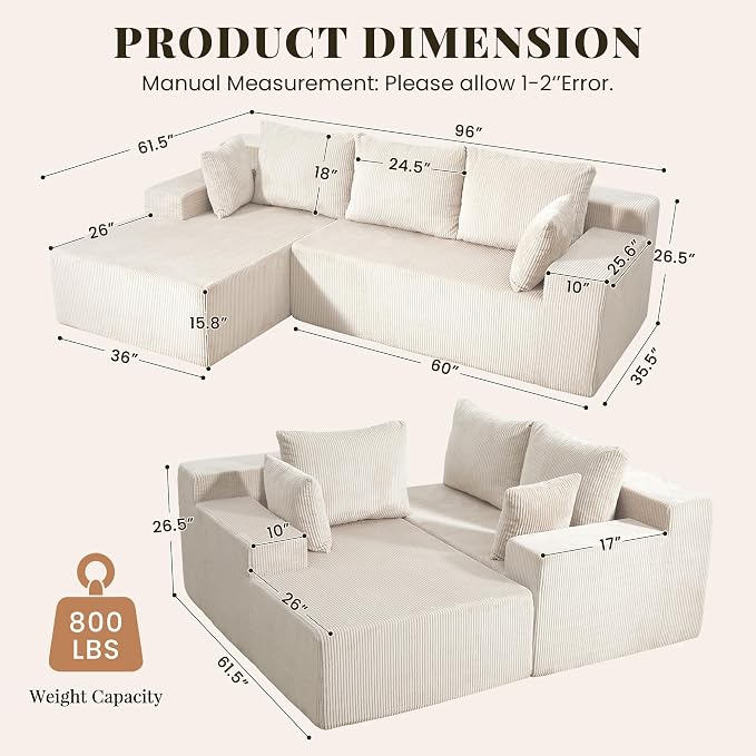 GRUSIGN Cloud Sectional Boneless Couches for Living Room, Modular L Shaped Couch with Deep Seat Oversized Left Facing Chaise, Memory Foam Compressed Spineless 3 Seater Sofa for Apartment, Beige