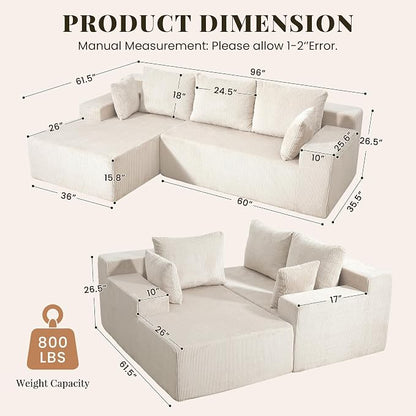 GRUSIGN Cloud Sectional Boneless Couches for Living Room, Modular L Shaped Couch with Deep Seat Oversized Left Facing Chaise, Memory Foam Compressed Spineless 3 Seater Sofa for Apartment, Beige