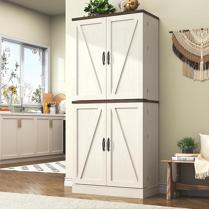 71" Tall Kitchen Pantry Cabinet, Farmhouse Tall Kitchen Storage Cabinet with Adjustable Shelves & 4 Barn Style Doors, Wooden Storage Cabinet for Kitchen, Dining Room, Living Room, Bathroom, Office
