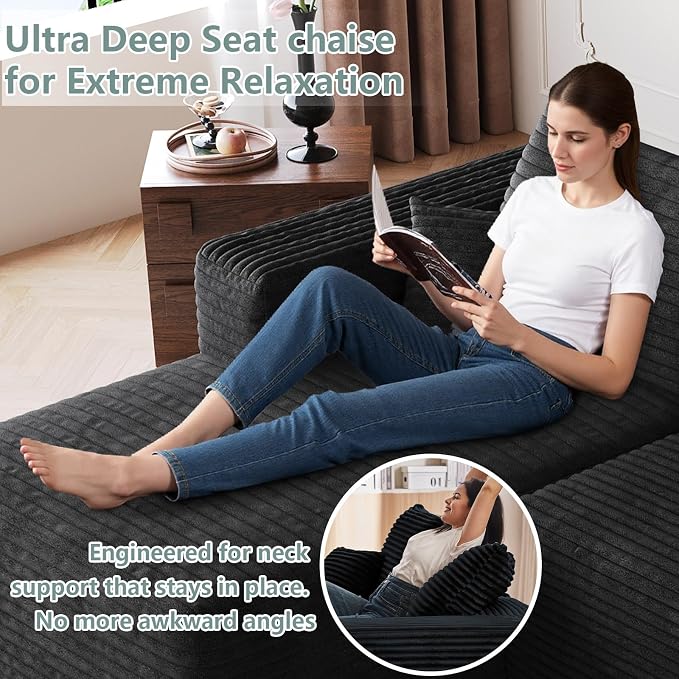 95" Modular Sectional Sofa, Modern Corduroy Cloud Couch with Side Pockets, Boneless Couch Upholstered 3-Seater L-Shaped Sofa for Living Room, No Assembly Required (Black,Left-Facing Chaise)
