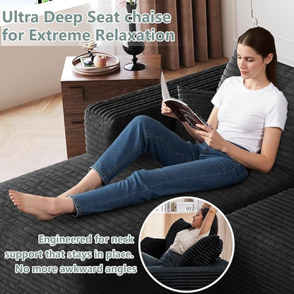 95" Modular Sectional Sofa, Modern Corduroy Cloud Couch with Side Pockets, Boneless Couch Upholstered 3-Seater L-Shaped Sofa for Living Room, No Assembly Required (Black,Left-Facing Chaise)