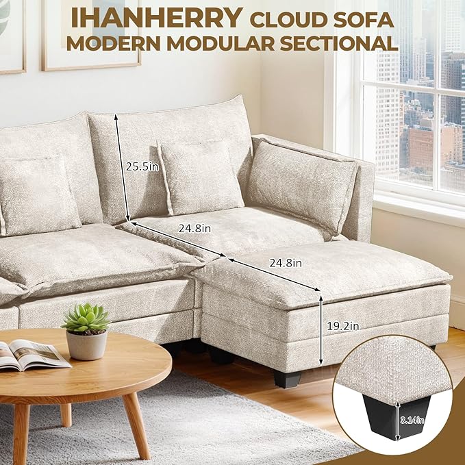 LEVELEVE 112.5" L-Shape Modular Sofa with 1 Ottomans, Deep Seat Cloud Convertible Sleeper, 3 Throw 2 Arm Pillows, Comfortable Upholstered Furniture for Living Room Apartment, Beige