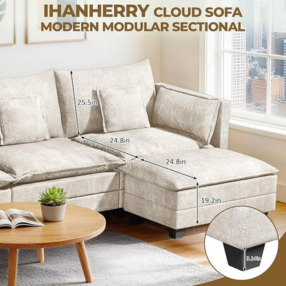LEVELEVE 112.5" L-Shape Modular Sofa with 1 Ottomans, Deep Seat Cloud Convertible Sleeper, 3 Throw 2 Arm Pillows, Comfortable Upholstered Furniture for Living Room Apartment, Beige